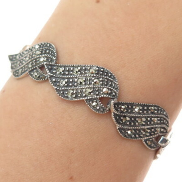925 Sterling Silver Vintage Real Marcasite Wing Link Oxidized Bracelet 7.75